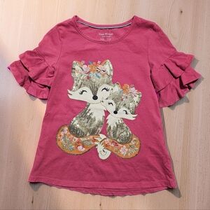 ISAAC MIZRAHI Girls' Rose Pink Fox Sequin Ruffle Sleeve Tee. Size 5/6.